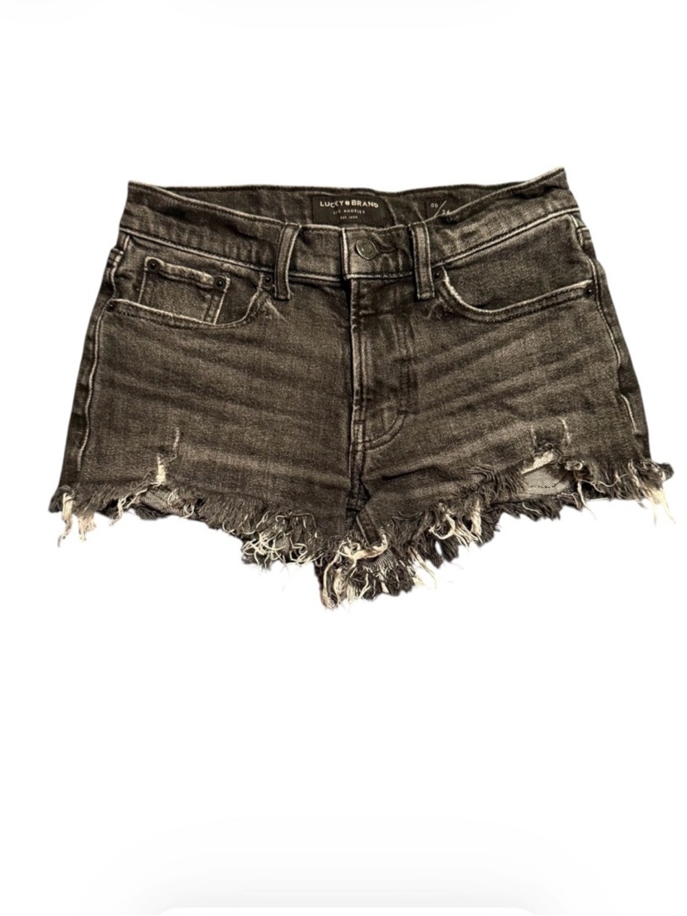 Lucky Brand Boyfriend Mid Rise Black Washed Denim Shorts Frayed Hem Stretch
